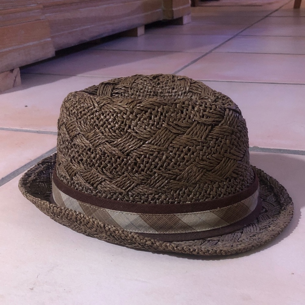 Woven Brown Straw Trilby Hat with Plaid Band